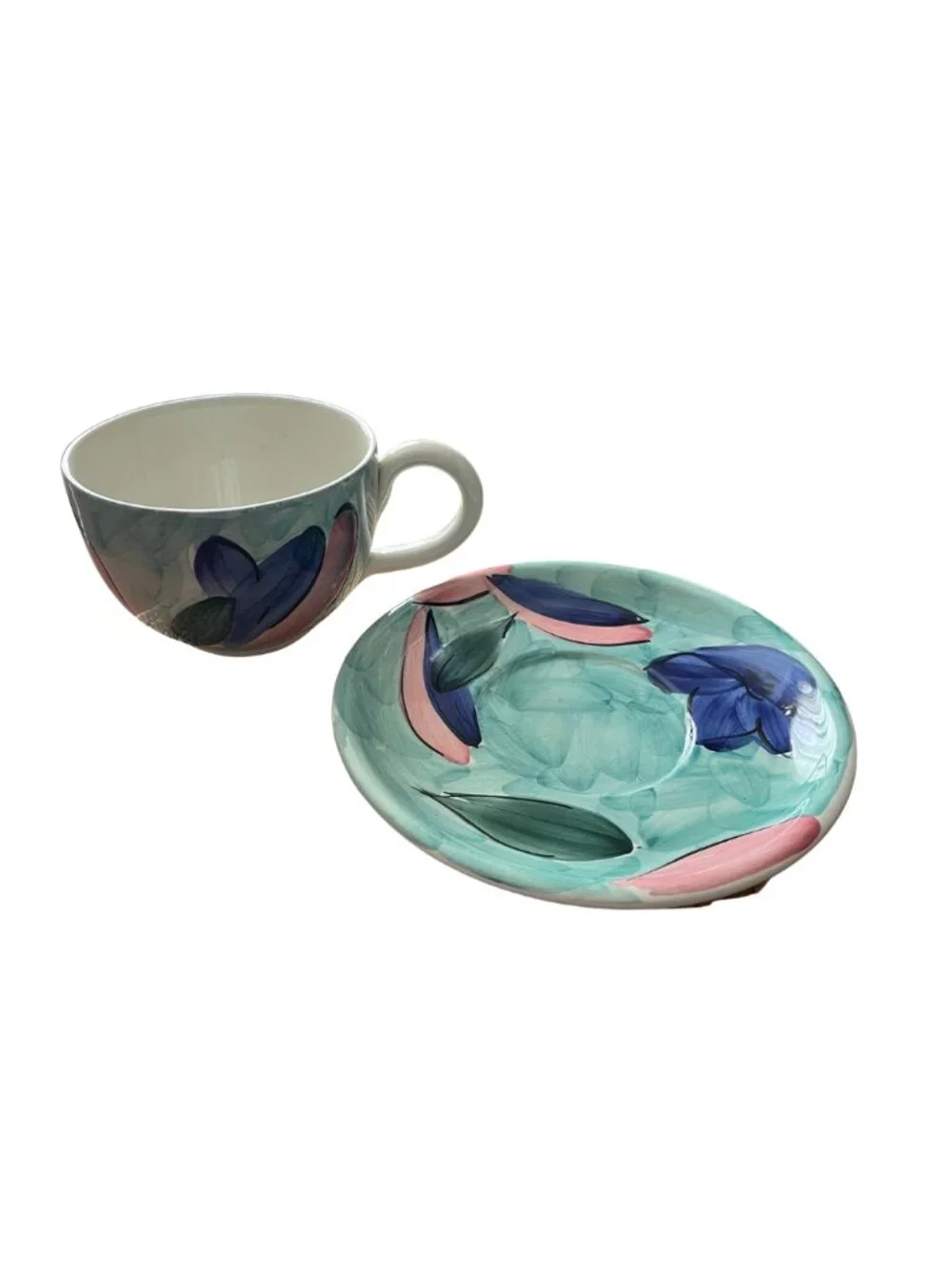 Ceramica San Marciano Hand Painted Italy Cup & Saucer Set Blue Pink Floral Made